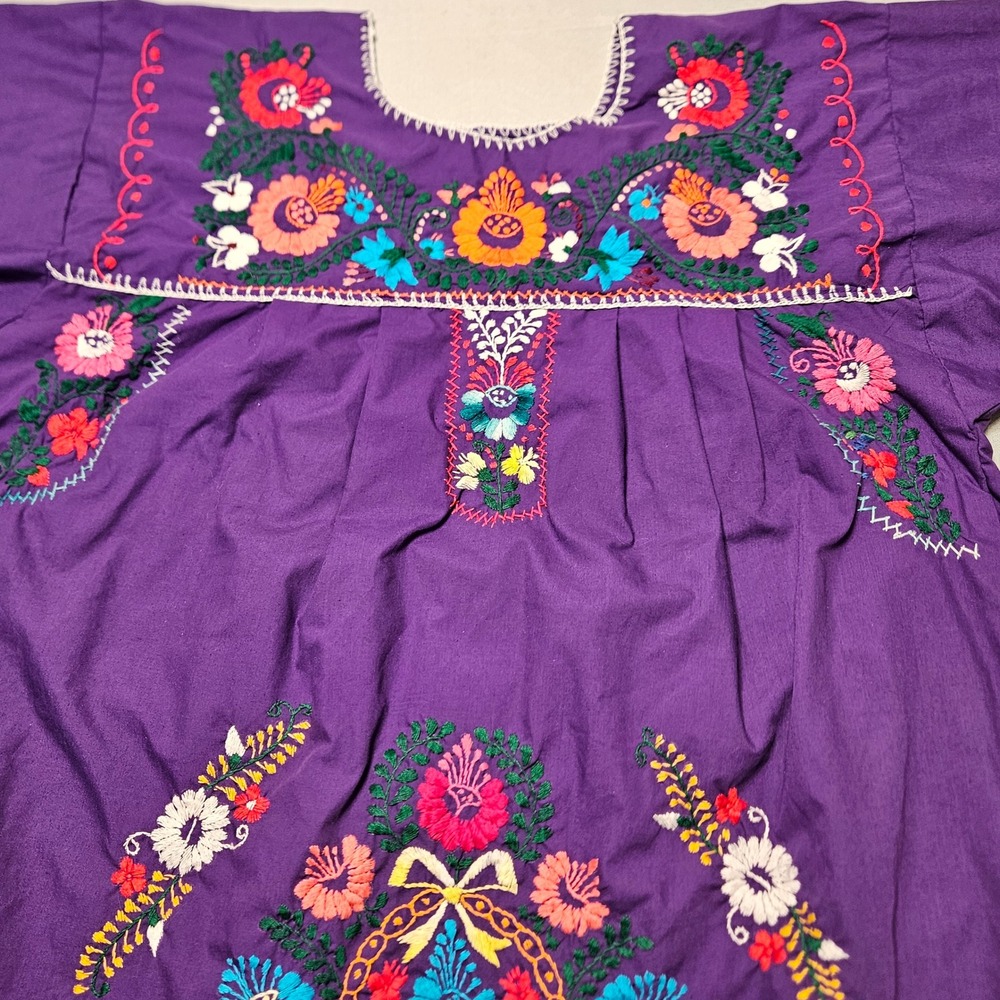Mexican Peasant Dress Womens L Purple‎ Floral Embroidered Boho Midi Festival